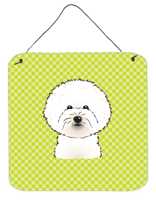 Checkerboard Lime Green Bichon Frise Aluminum Metal Wall Or Door Hanging Prints, 6 x 6 In.