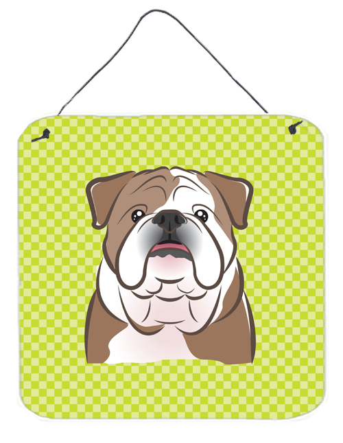 Checkerboard Lime Green English Bulldog Aluminum Metal Wall Or Door Hanging Prints, 6 x 6 In.