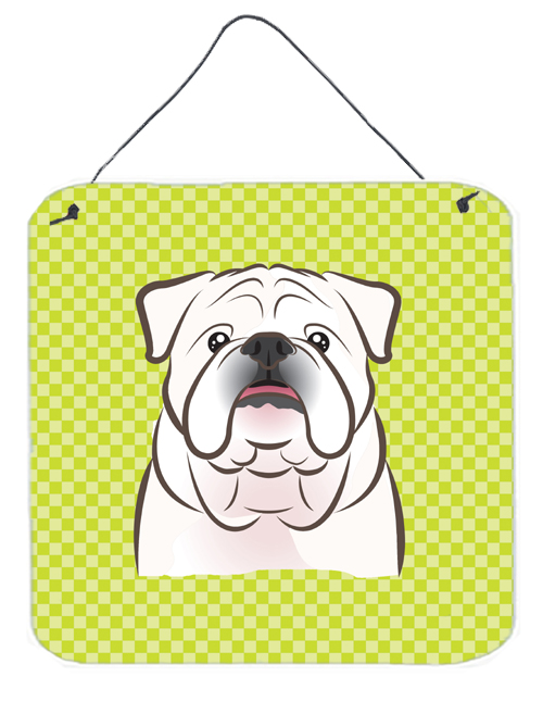 Checkerboard Lime Green White English Bulldog Aluminum Metal Wall Or Door Hanging Prints, 6 x 6 In.