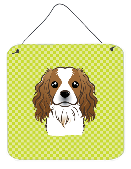 Checkerboard Lime Green Cavalier Spaniel Aluminum Metal Wall Or Door Hanging Prints, 6 x 6 In.