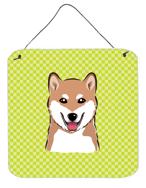 Checkerboard Lime Green Shiba Inu Aluminum Metal Wall Or Door Hanging Prints, 6 x 6 In.