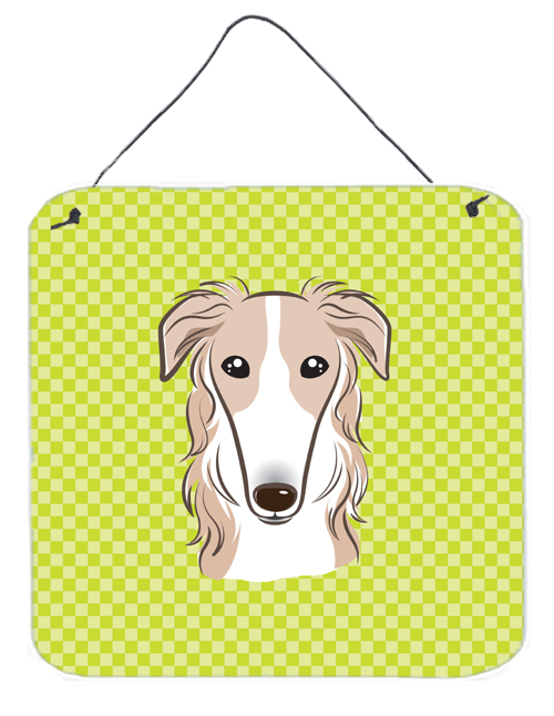 Checkerboard Lime Green Borzoi Aluminum Metal Wall Or Door Hanging Prints, 6 x 6 In.