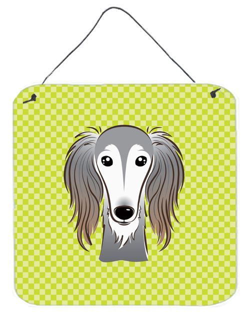 Checkerboard Lime Green Saluki Aluminum Metal Wall Or Door Hanging Prints, 6 x 6 In.