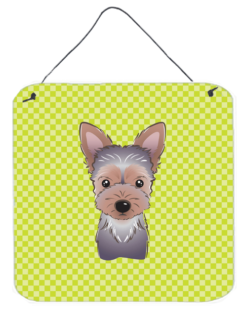 Checkerboard Lime Green Yorkie Puppy Aluminum Metal Wall Or Door Hanging Prints, 6 x 6 In.