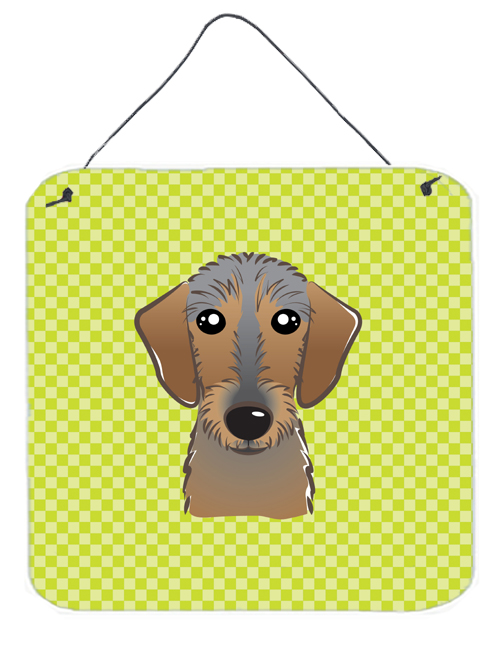 Checkerboard Lime Green Wirehaired Dachshund Aluminum Metal Wall Or Door Hanging Prints, 6 x 6 In.
