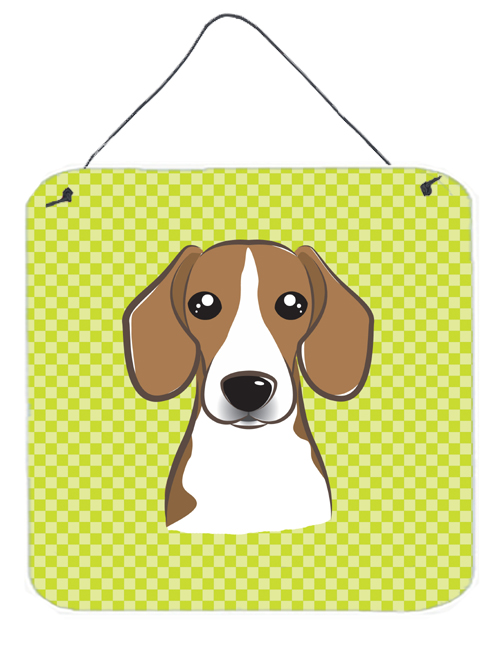 Checkerboard Lime Green Beagle Aluminum Metal Wall Or Door Hanging Prints, 6 x 6 In.