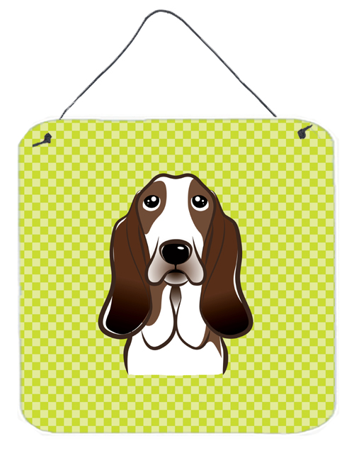 Checkerboard Lime Green Basset Hound Aluminum Metal Wall Or Door Hanging Prints, 6 x 6 In.