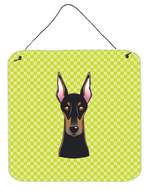 Checkerboard Lime Green Doberman Aluminum Metal Wall Or Door Hanging Prints, 6 x 6 In.
