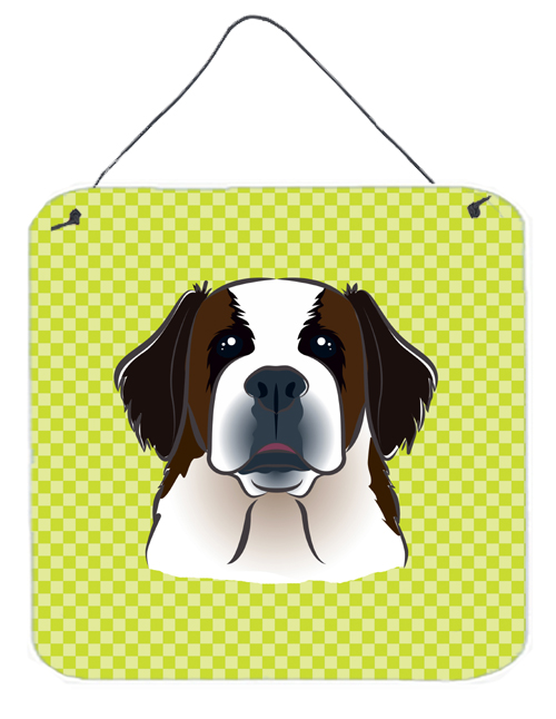 Checkerboard Lime Green Saint Bernard Aluminum Metal Wall Or Door Hanging Prints- 6 x 6 In.