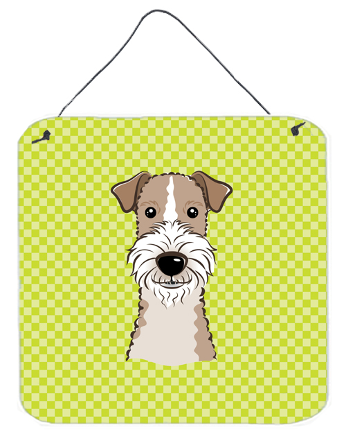 BB1309DS66 Checkerboard Lime Green Wire Haired Fox Terrier Aluminum Metal Wall Or Door Hanging Prints- 6 x 6 In.