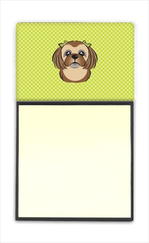 BB1311SN Checkerboard Lime Green Chocolate Brown Shih Tzu Refiillable Sticky Note Holder Or Postit Note Dispenser- 3 x 3 In.