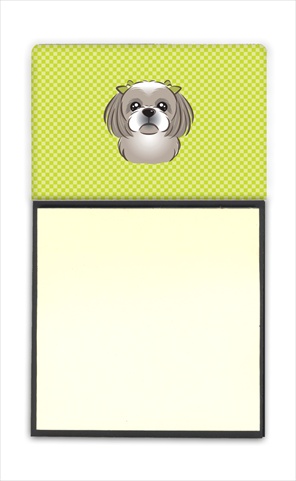 Checkerboard Lime Green Gray Silver Shih Tzu Refiillable Sticky Note Holder Or Postit Note Dispenser, 3 x 3 In.