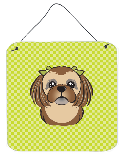 Checkerboard Lime Green Chocolate Brown Shih Tzu Aluminum Metal Wall Or Door Hanging Prints, 6 x 6 In.