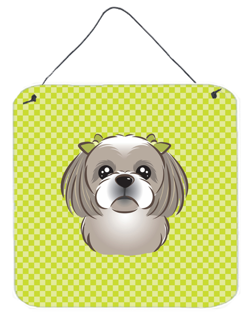 Checkerboard Lime Green Gray Silver Shih Tzu Aluminum Metal Wall Or Door Hanging Prints, 6 x 6 In.