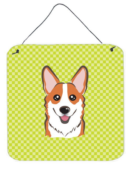 Checkerboard Lime Green Corgi Aluminum Metal Wall Or Door Hanging Prints, 6 x 6 In.