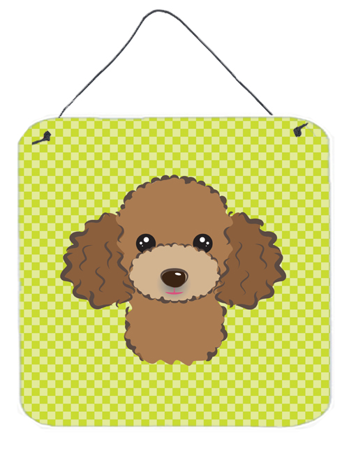Checkerboard Lime Green Chocolate Brown Poodle Aluminum Metal Wall Or Door Hanging Prints, 6 x 6 In.