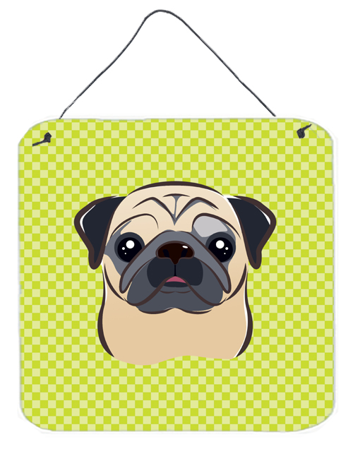 Checkerboard Lime Green Fawn Pug Aluminum Metal Wall Or Door Hanging Prints, 6 x 6 In.