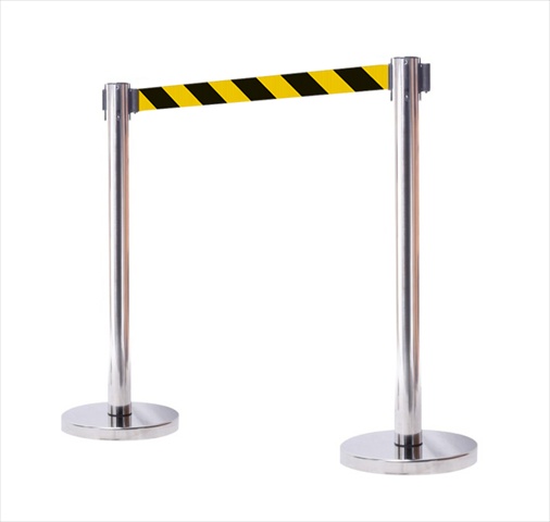 12 in. Flat Base Mirror Post Retractable Belt Stanchion - 6.5 ft. Safety Stripe Belt