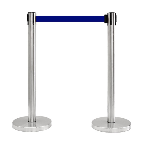 VIP Crowd Control 12 in. Flat Base Satin Stainless Post Retractable Belt Stanchion - 6.5 ft. Dark Blue belt