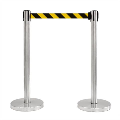 12 in. Flat Base Satin Stainless Post Retractable Belt Stanchion - 6.5 ft. Safety Stripe belt