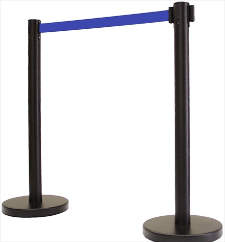 VIP Crowd Control 14 in. Flat Base Black Post & Cover Retractable Belt Stanchion - 6.5 ft. Dark Blue Belt