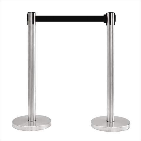 14 in. Flat Base Satin Stainless Post & Cover Retractable Belt Stanchion - 6.5 ft. Black Belt