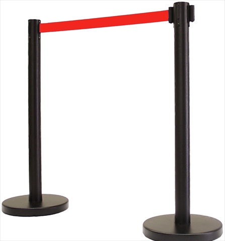 VIP Crowd Control  14 in. Flat Base Black Post & Cover Retractable Belt Stanchion - 10 ft. Red Belt