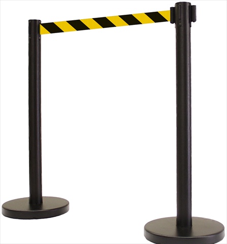 VIP Crowd Control 14 in. Flat Base Black Post & Cover Retractable Belt Stanchion - 13 ft. Safety Stripe Belt