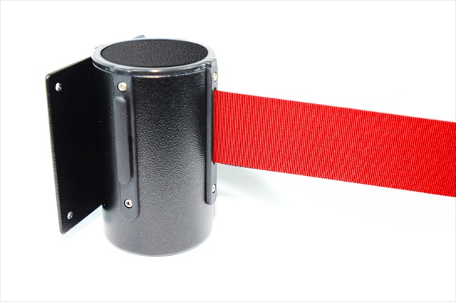 VIP Crowd Control 1401 8 ft. Red Belt Wall Mounted Belt Barriers - Black Finish