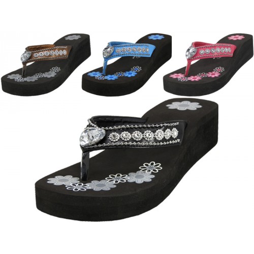 Picture of DDI 1902451 Women&apos;s Floral Rhinestone Look Wedge Flip Flops Case of 36