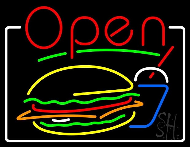 Everything Neon N105-4306 Burger And Drink Open With Border LED Neon Sign 15 x 19 - inches -  The Sign Store