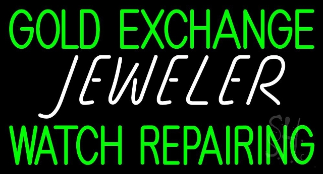 Sign Store N105-3862-clear 37 x 1 x 20 in. Gold Exchange Jeweler Watch Repairing Neon Sign - Green And White