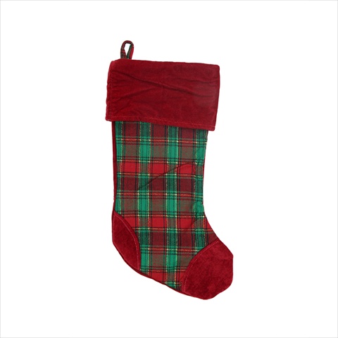 19 in. Christmas Traditions Red Green & Gold Woven Plaid & Velvet Stocking -  NorthLight, 31462401