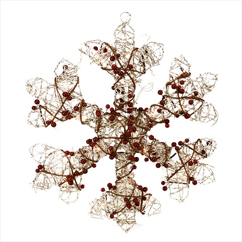 19 in. Lighted Champagne Gold Glittered Rattan Berry Hanging Snowflake