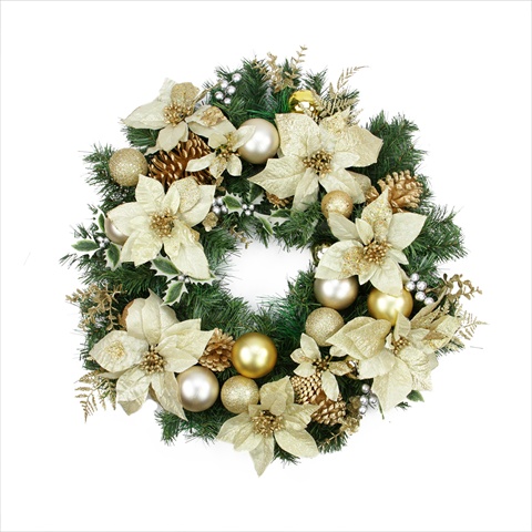 24 in. Unlit Decorated Wreath - Gold Poinsettias 99 Tips