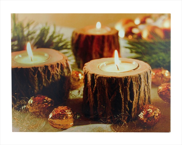 15 in. Battery Operated 3 LED Wooden Candle Scene Canvas Wall Art 11.75 H x 15.75 W x .75 D in.