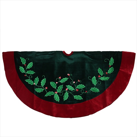 48 in. Green And Red Velvet Holly Branch Applique Tree Skirt