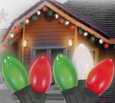 Picture of NorthLight Red- White & Green Ceramic C7 Christmas Lights 12 in. Spacing - Green Wire- Set Of 25
