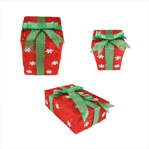 7 in.- 10 in. & 13 in. Red Snowflake Sisal Gift Boxes Lighted Christmas Yard Art Decorations- Set Of 3 -  NorthLight, 31467182