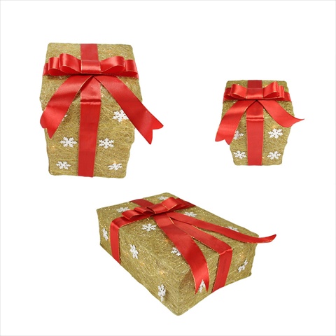 7 in.- 10 in. & 13 in. Gold Snowflake Sisal Gift Boxes Lighted Christmas Yard Art Decorations- Set Of 3 -  NorthLight, 31467180