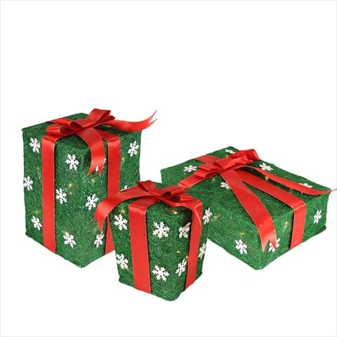 Green Snowflake Sisal Gift Boxes Lighted Christmas Yard Art Decorations- Set Of 3 -  NorthLight, 31467183