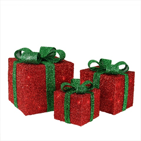 Red Tinsel Gift Boxes With Green Bows Lighted Christmas Yard Art Decorations, Set Of 3 -  NorthLight, 31458004