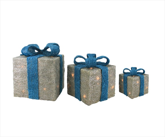 6 in.- 8 & 10 in. Sparkling Blue And Silver Sisal Gift Boxes Lighted Christmas Yard Art Decorations- Set Of 3 -  NorthLight, 31466965