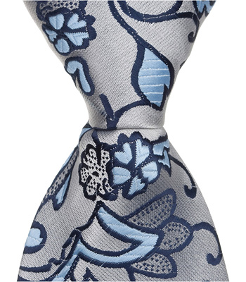 S5 Zipper Necktie - Silver With Blue Flowers - 9.5 in.