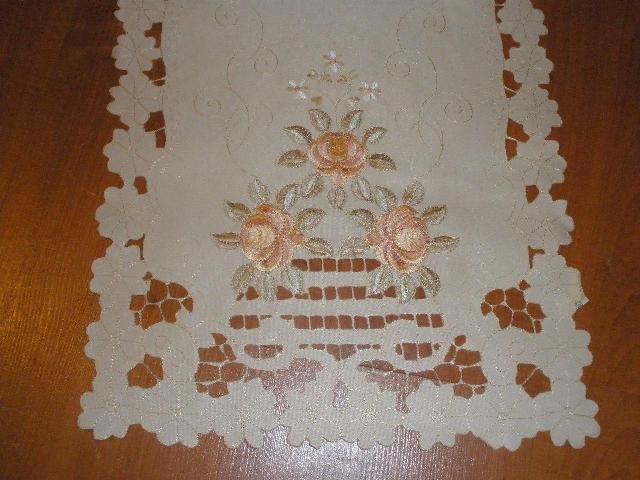 Picture of Tapestry Trading SY07007-1436 14 x 36 in. Embroidered Peach Rose And Lacy Cutwork Table Runner- Ivory