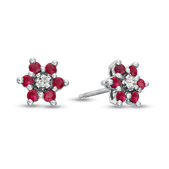 ERL1305RD 0.58 Ct. Natural Heated Ruby And Diamond Flower Cluster Earring In 14K Gold