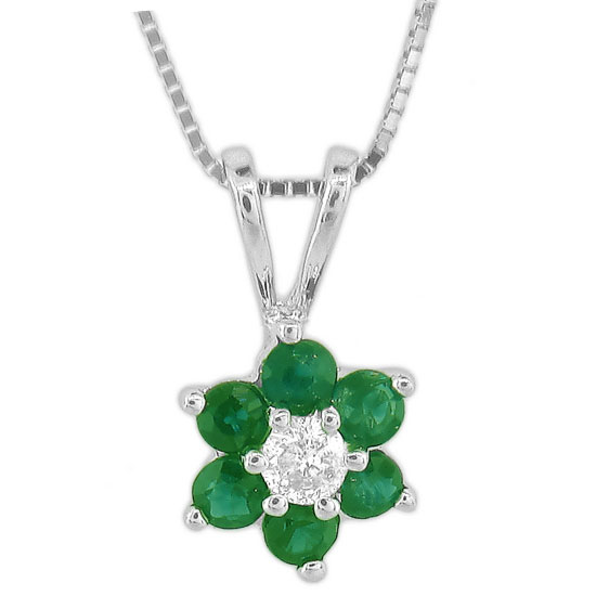 PRL1301ED 0.37 Ct. Flower Cluster Diamond And Emerald Pendant In 14K Gold