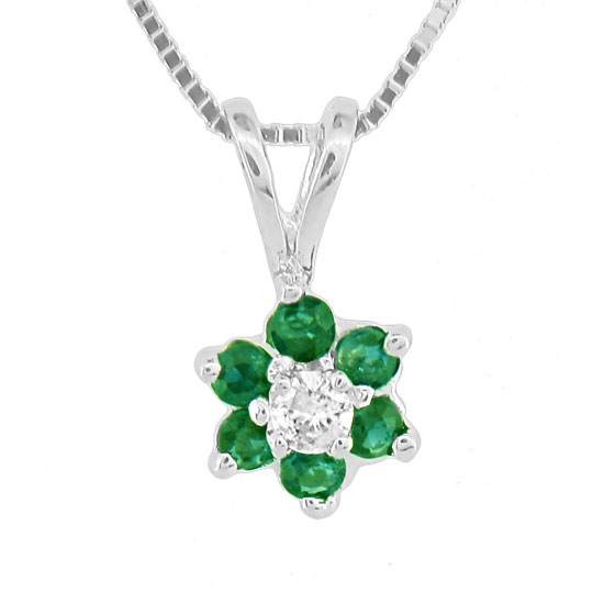 0.24 Ct. Flower Cluster Diamond and Emerald Pendant in 14K Gold