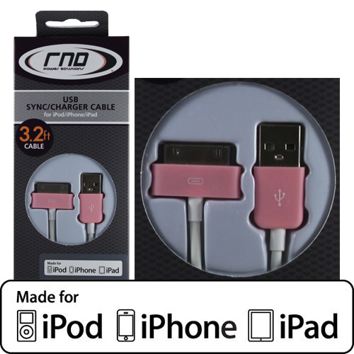 Picture of RND Accessories Apple Certified 30-Pin Cable For Ipad&#44; iPhone&#44; Ipod - 3.2 ft.&#44; Pink And White