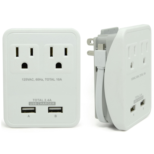Compact Power Station 2.4 Amp Dual Ports- 2 AC Outlet Wall Charger With 7 in. Micro USB Cable - White -  RND Accessories, RND-WPT221-W